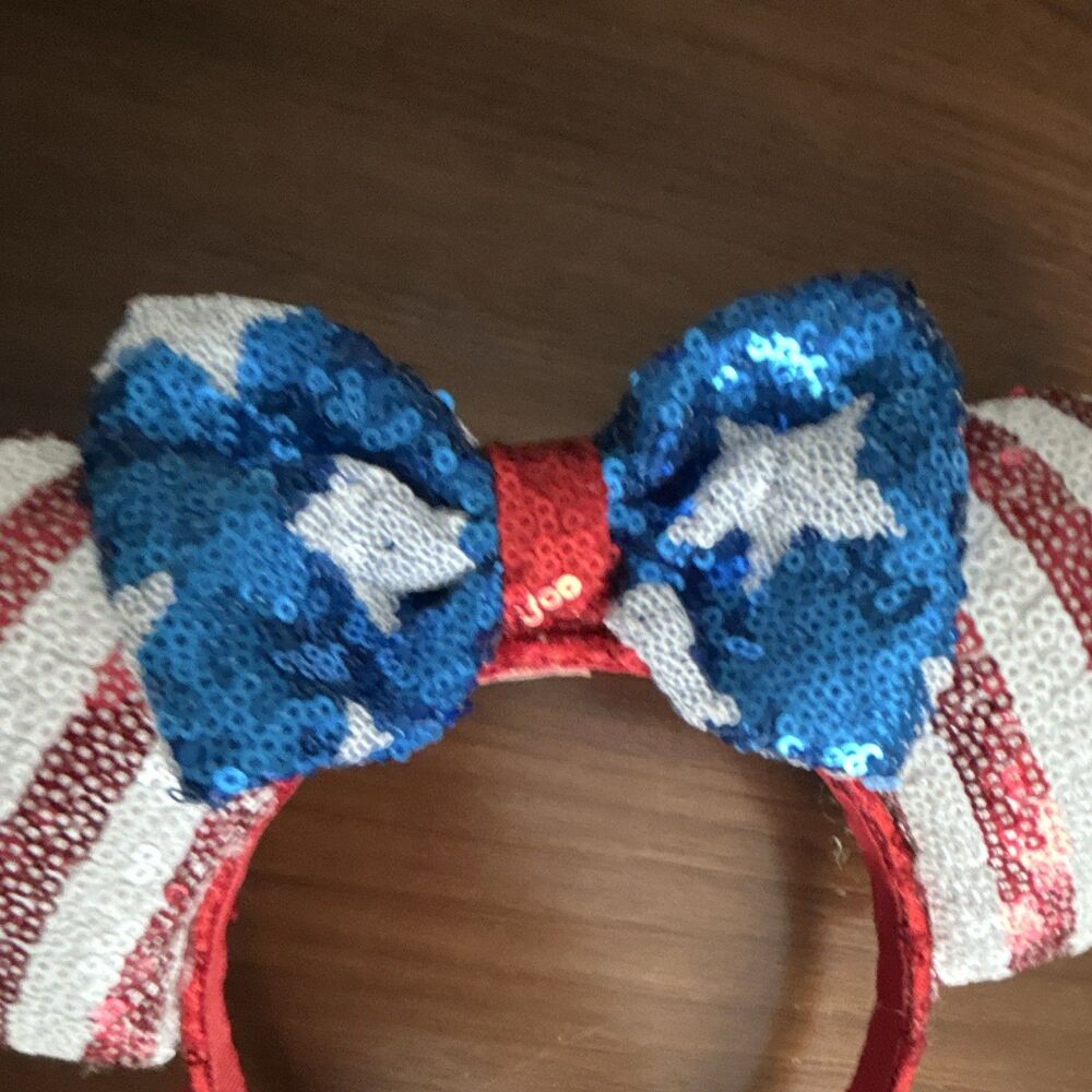 Disney Minnie Mouse USA Sequined Ears Bow Headband Striped Red/White/Blue - Picture 3 of 16
